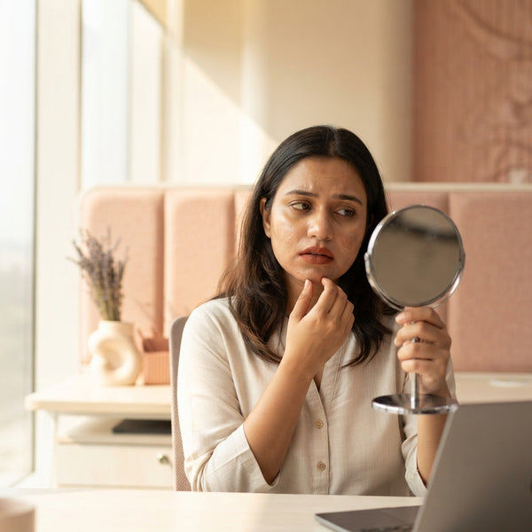 A tired South Asian woman checking her faded, uneven makeup in a mirror in a professional office setting.